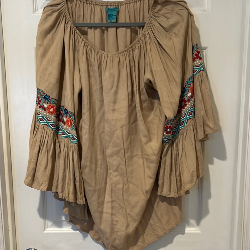 Embroidered Beige Peasant Top